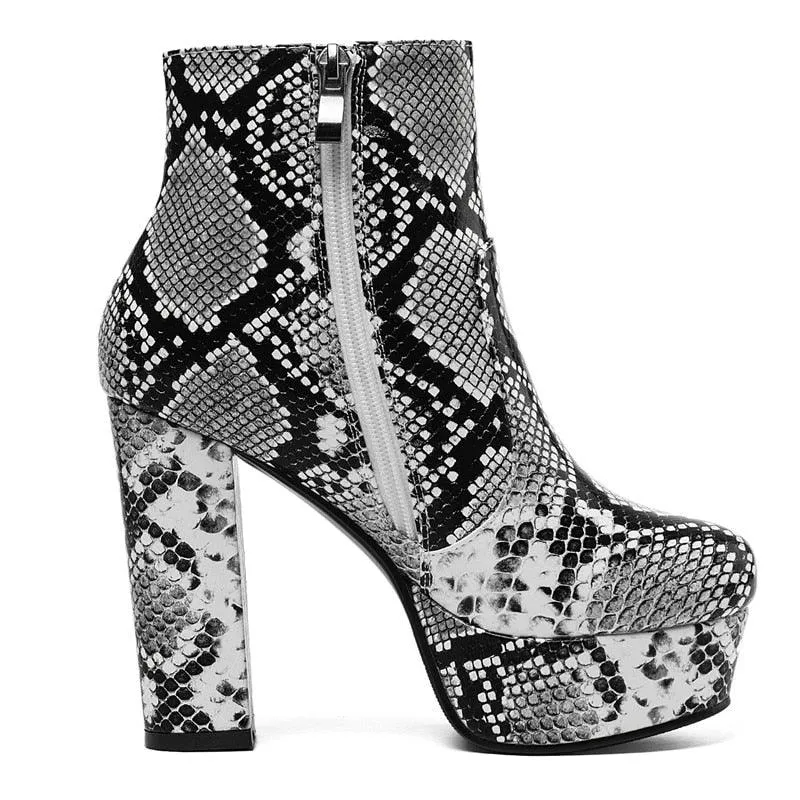 Ankle Boots Women Platform Faux Snake Skin