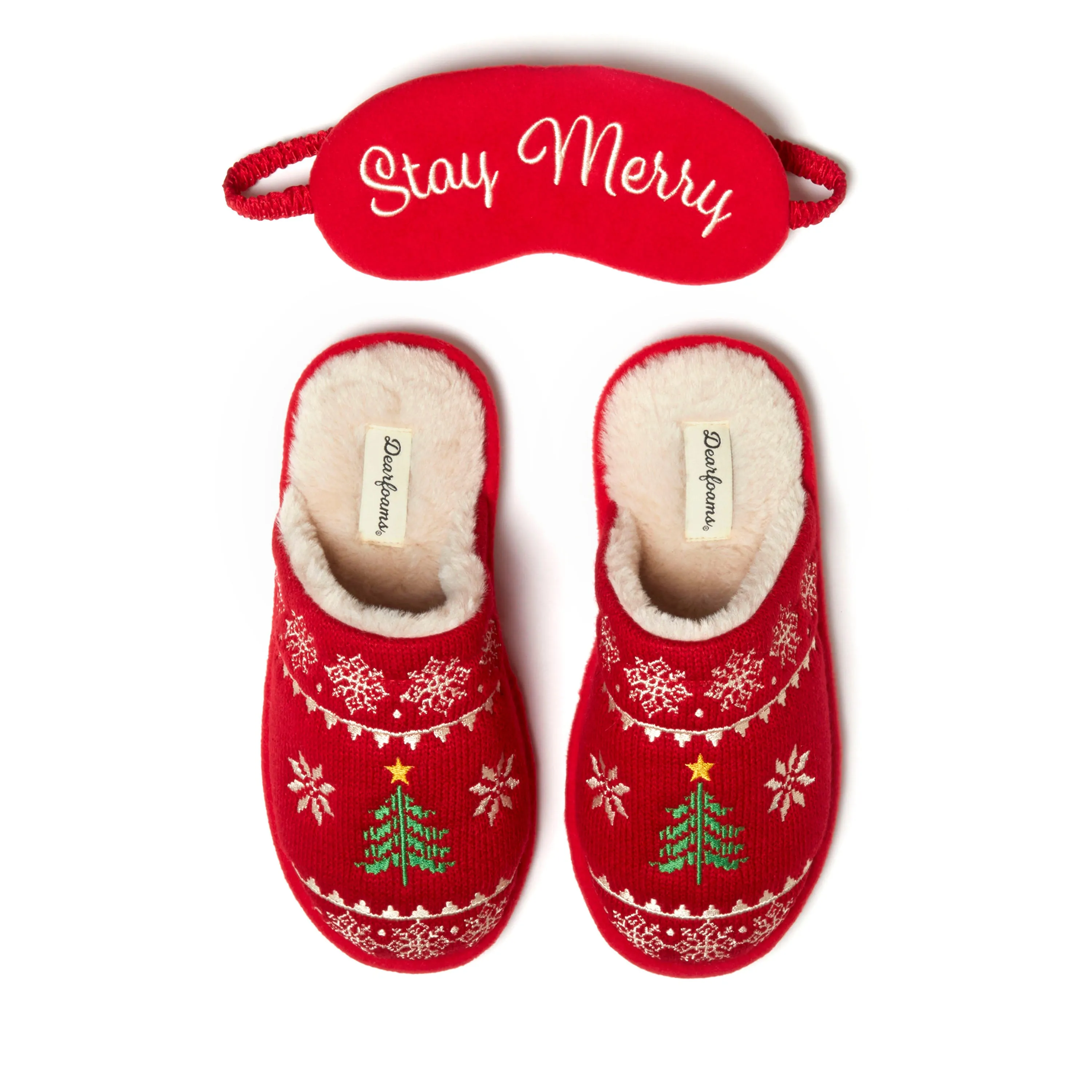 Dearfoams Women's Novelty Christmas Knit Scuff Slipper and Eyemask Gift Set