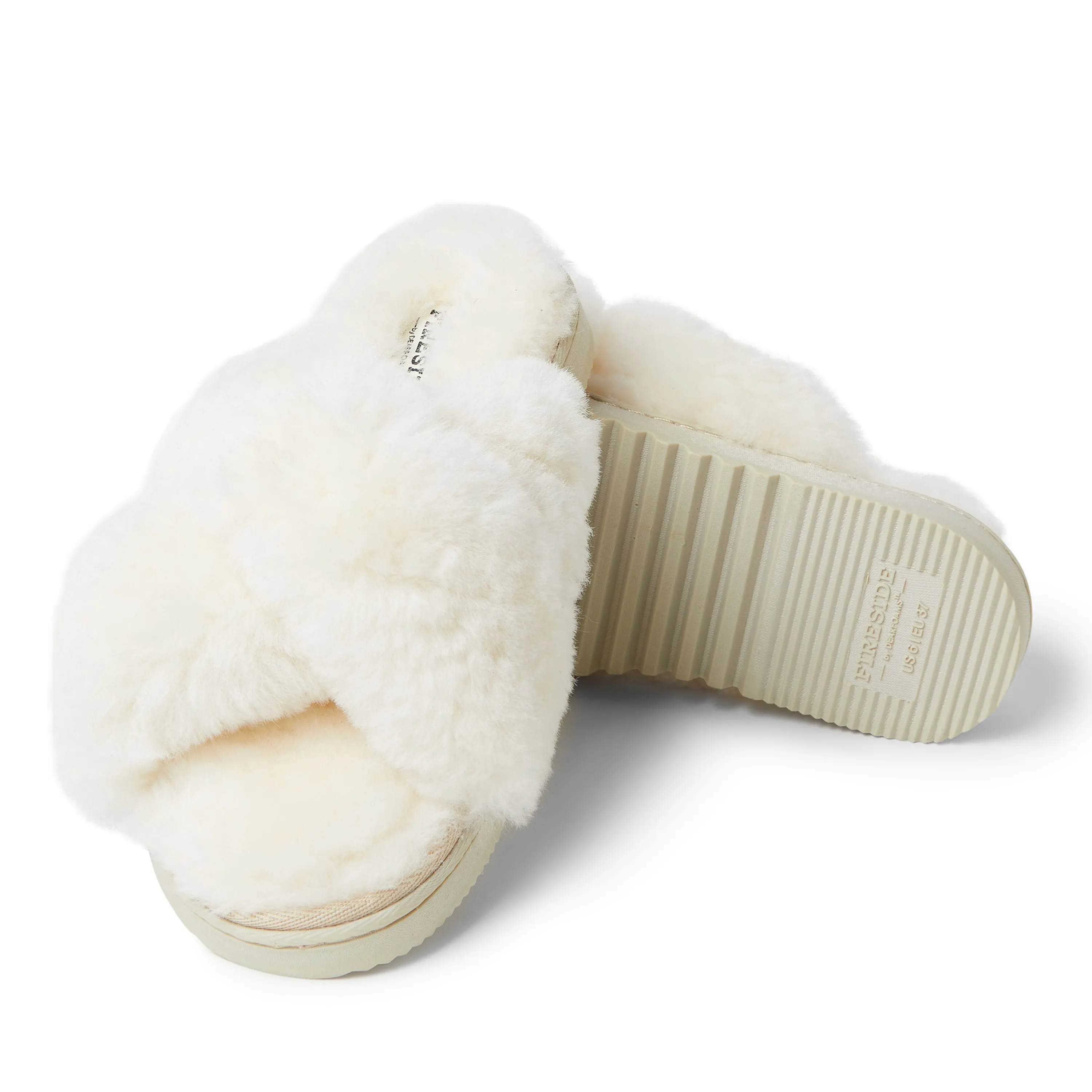 Fireside By Dearfoams Women's New Castle Genuine Shearling Cross Band Slide