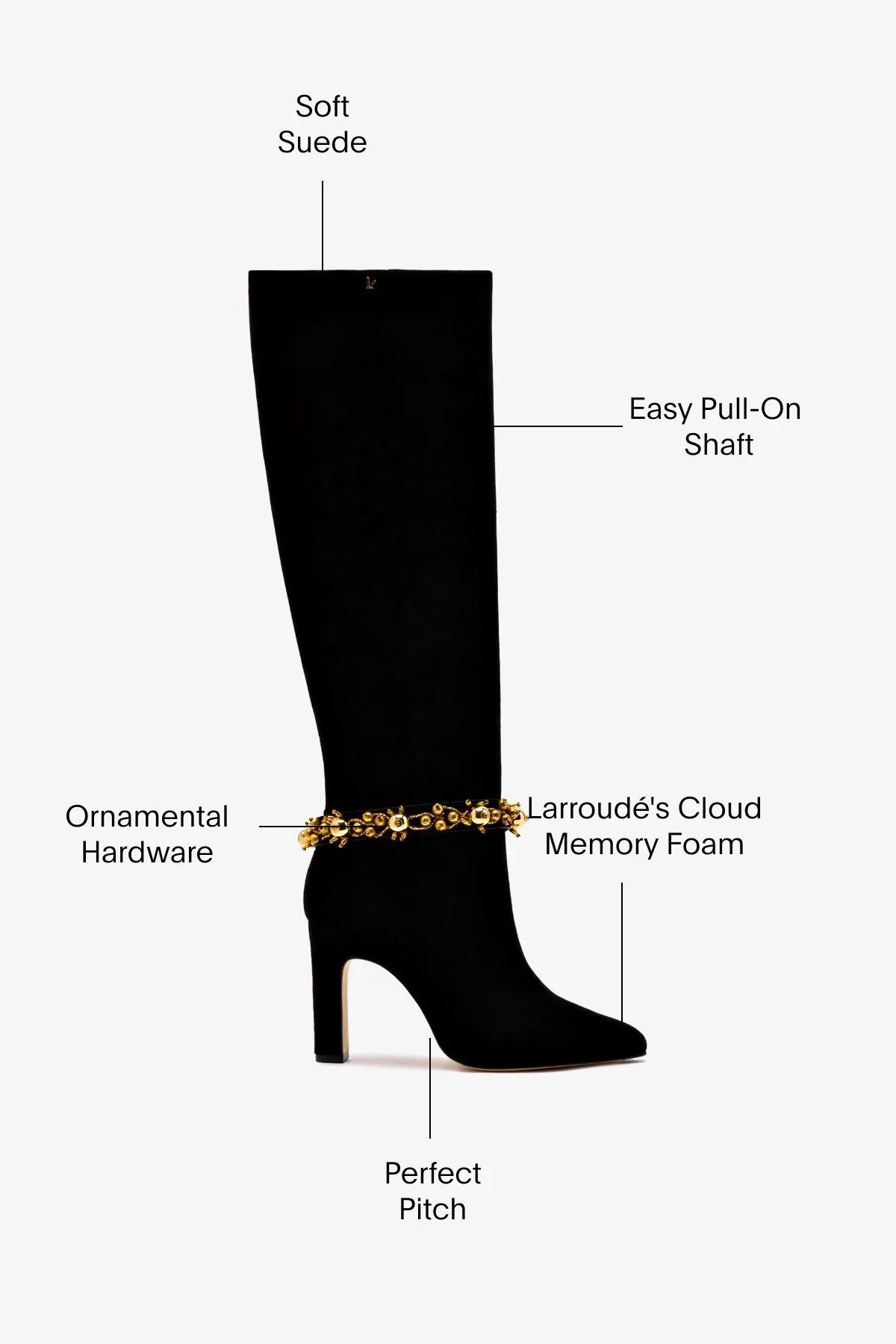 Larroudé x Libertine Boot In Black Suede Leather and Golden Balls