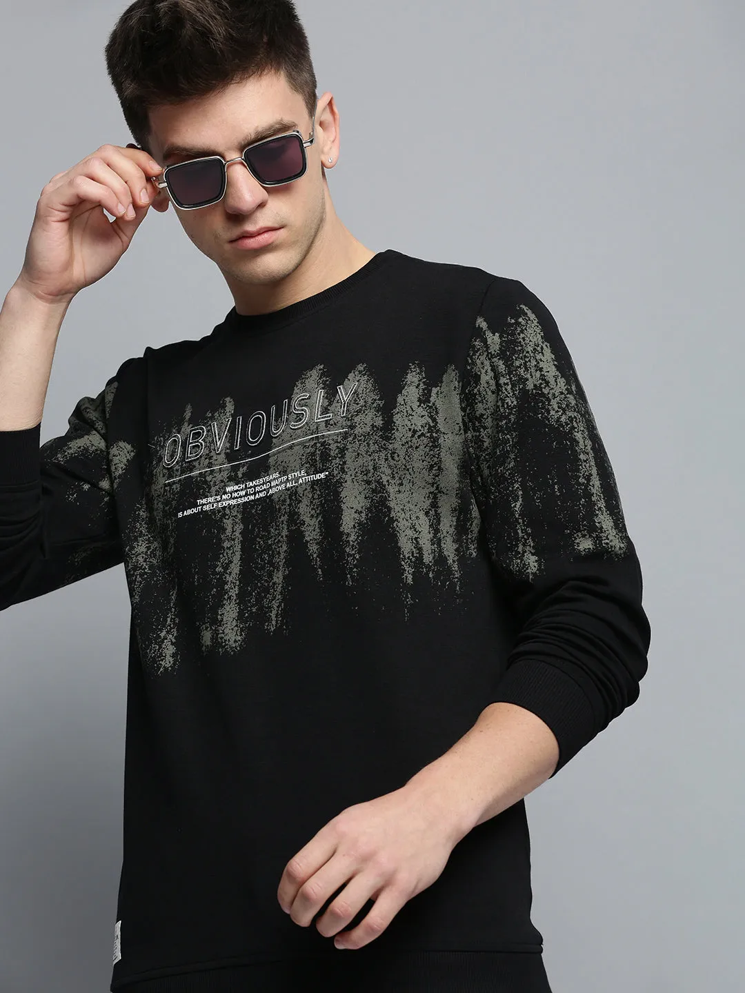 Men Black Typography Printed Cotton Sweatshirt
