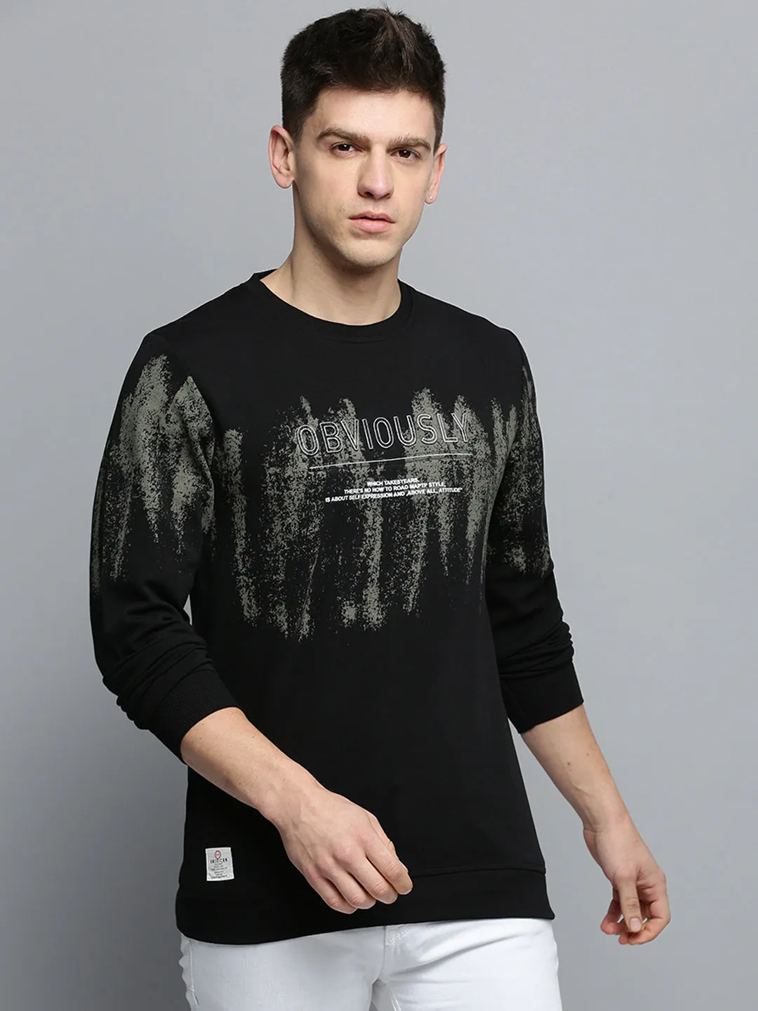 Men Black Typography Printed Cotton Sweatshirt