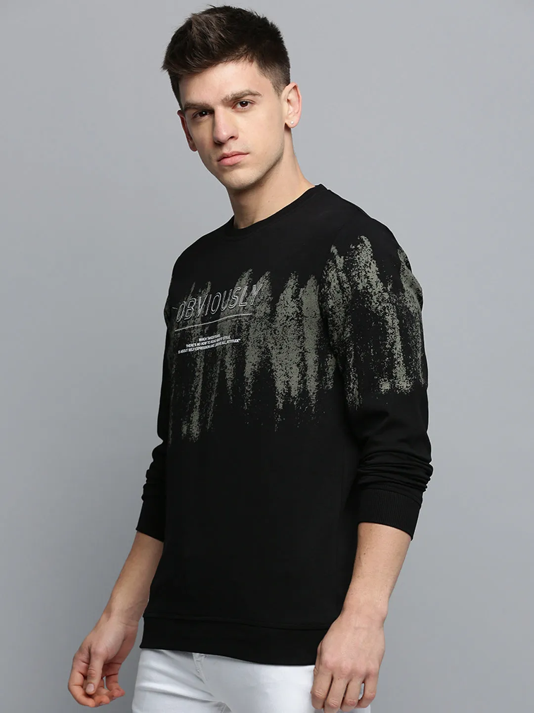 Men Black Typography Printed Cotton Sweatshirt