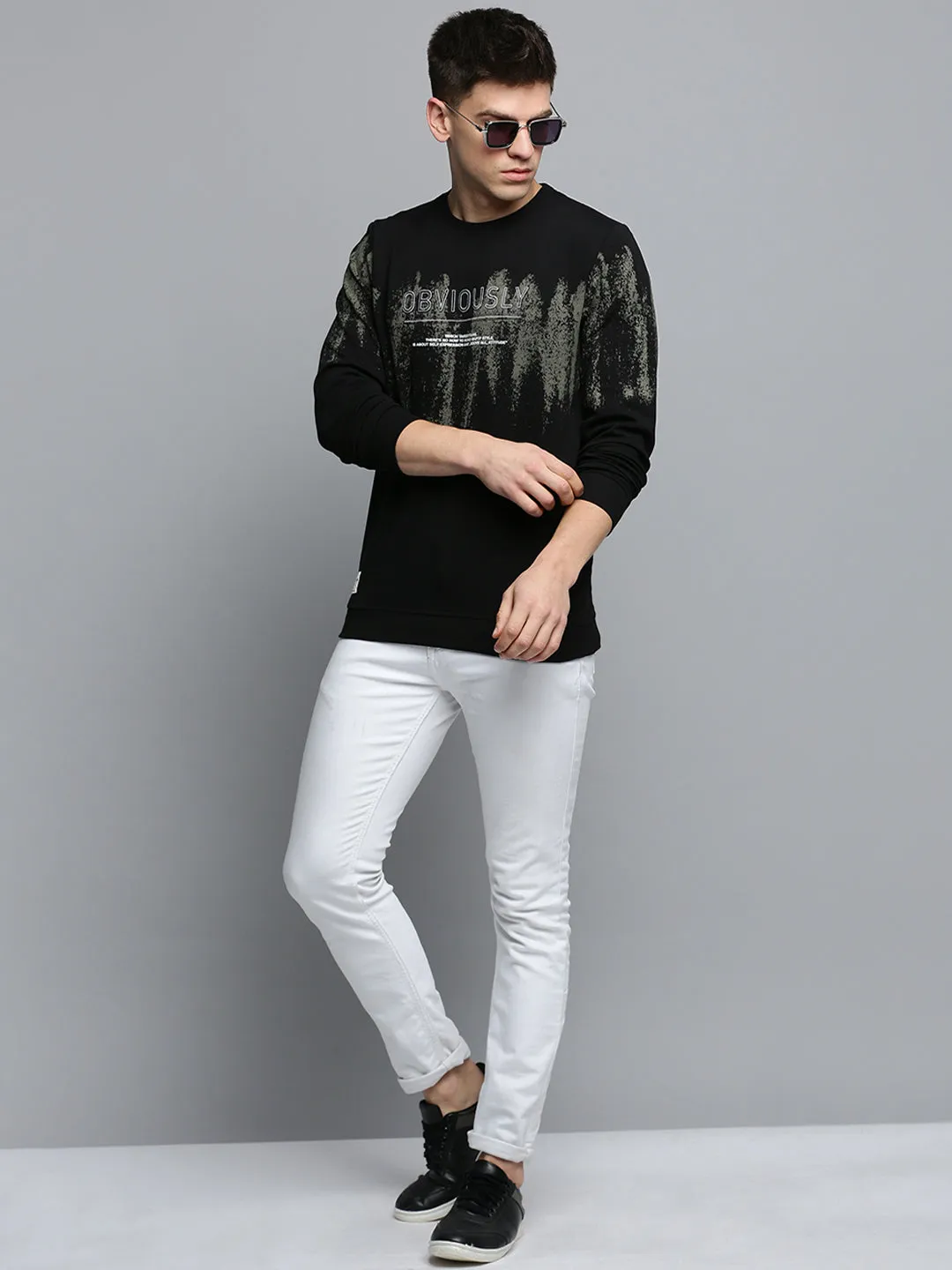 Men Black Typography Printed Cotton Sweatshirt