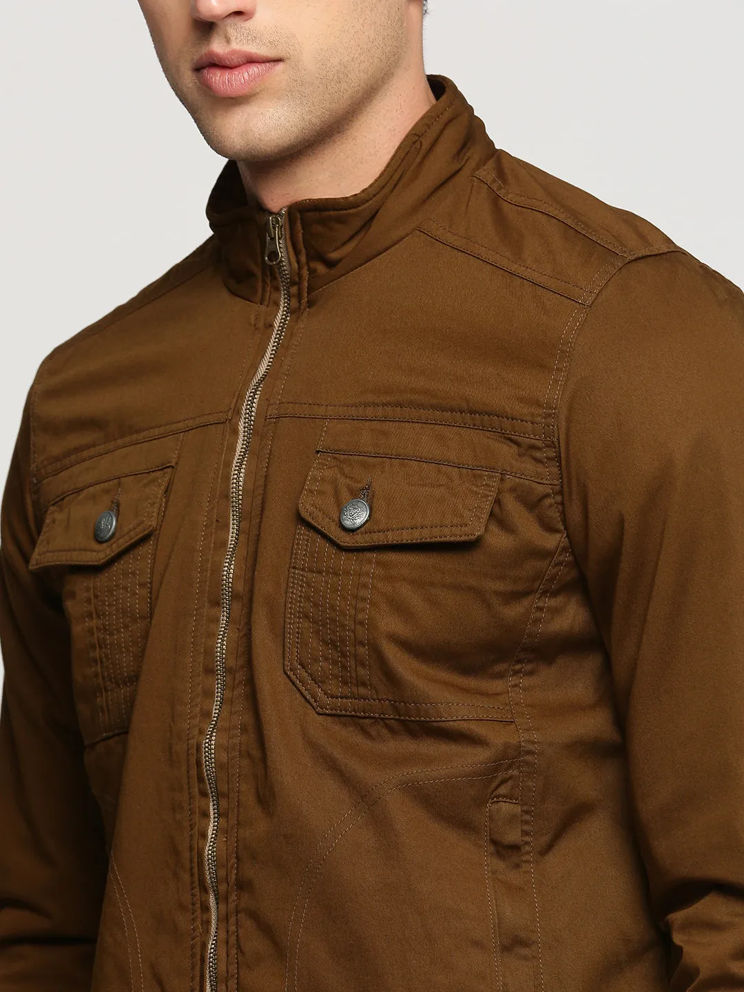Men Brown Mock Collar Cotton Tailored Jacket