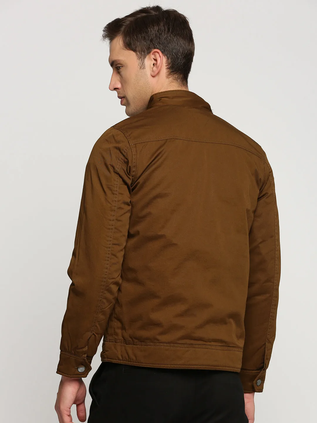 Men Brown Mock Collar Cotton Tailored Jacket