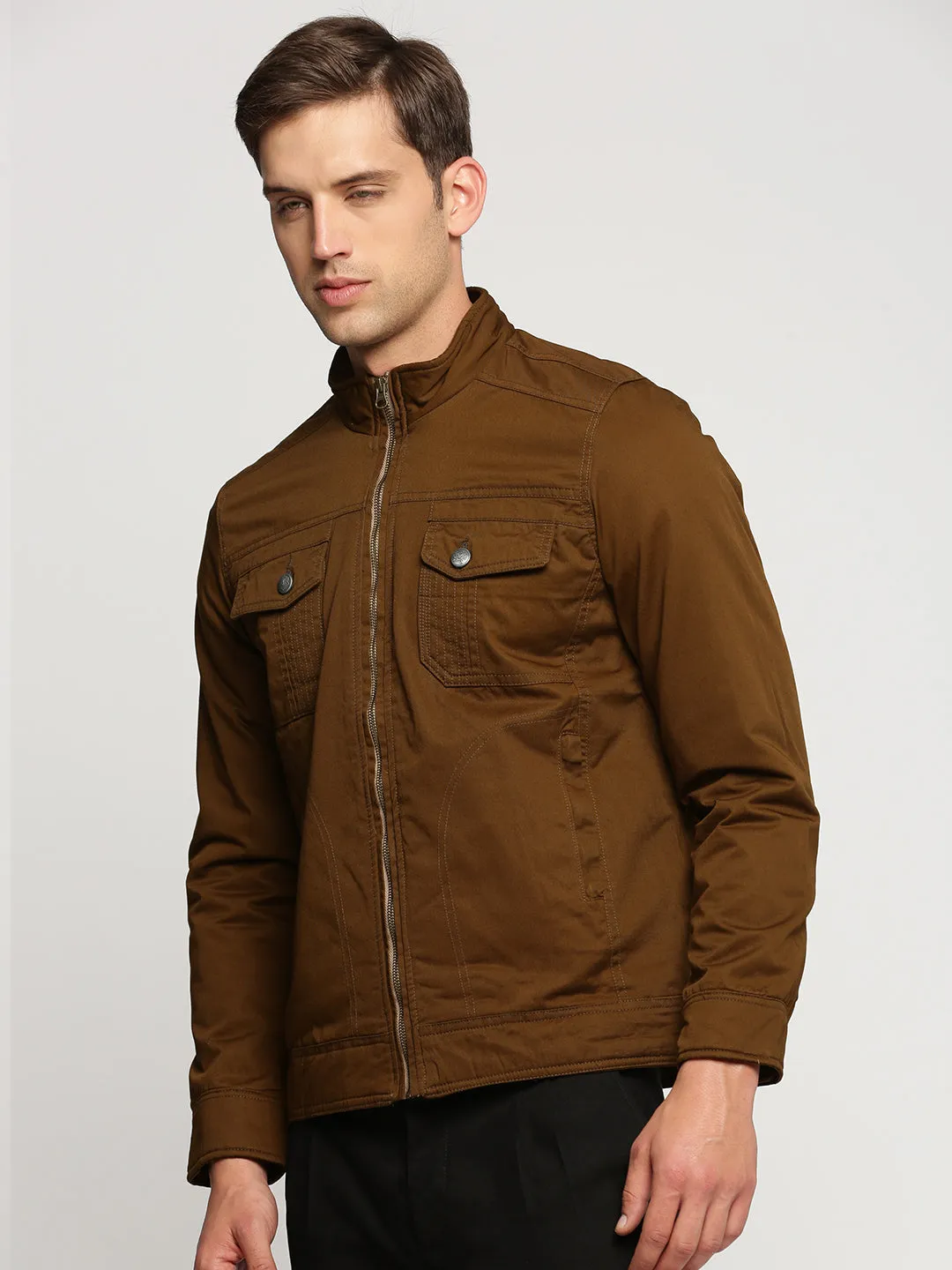Men Brown Mock Collar Cotton Tailored Jacket