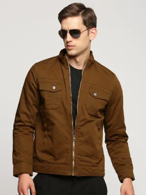 Men Brown Mock Collar Cotton Tailored Jacket