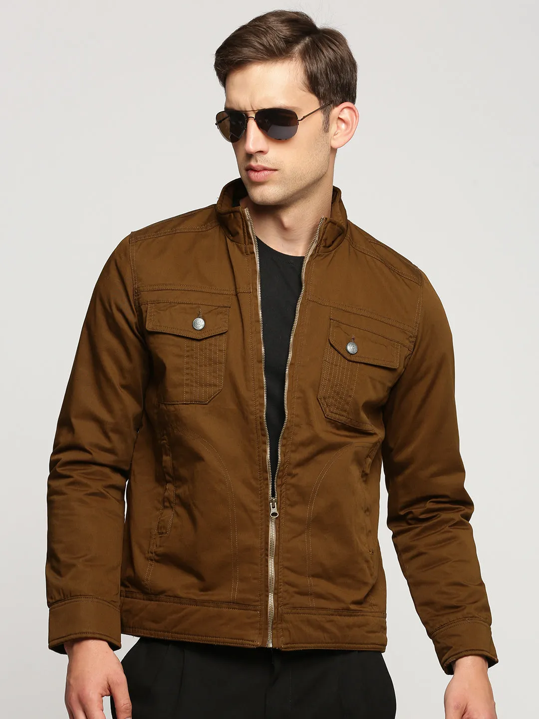 Men Brown Mock Collar Cotton Tailored Jacket