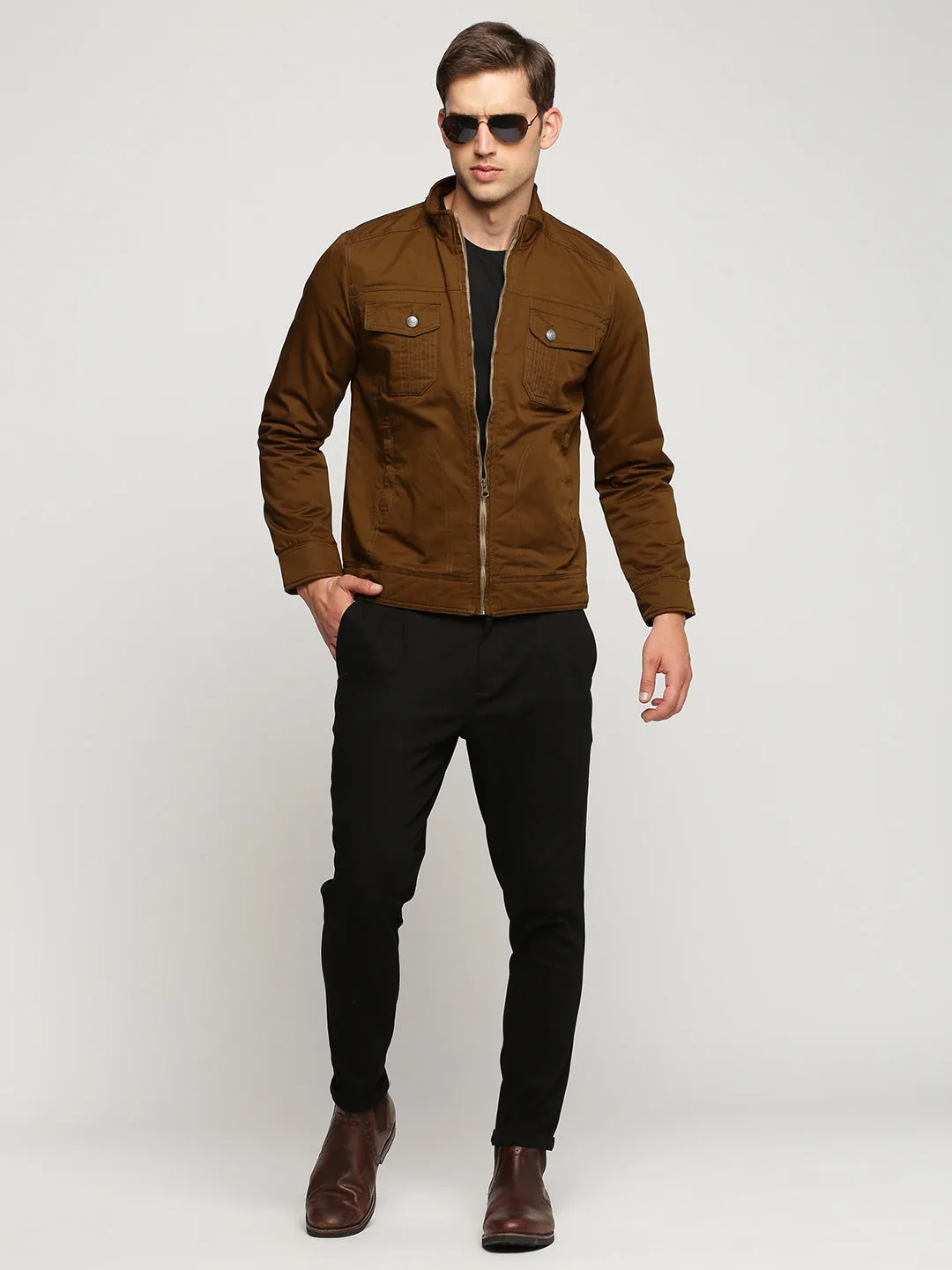 Men Brown Mock Collar Cotton Tailored Jacket