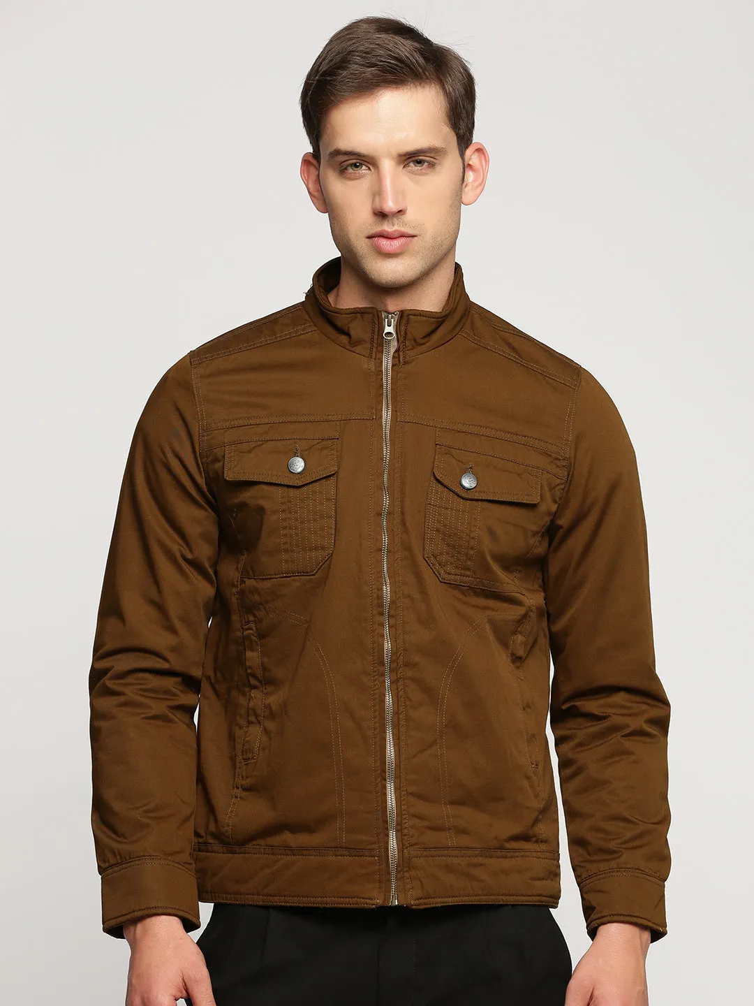 Men Brown Mock Collar Cotton Tailored Jacket