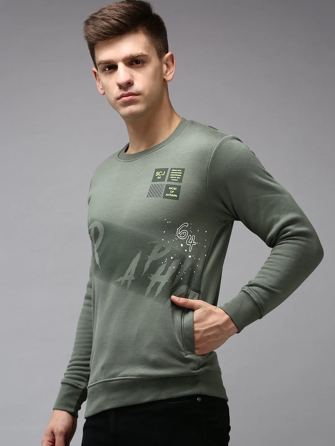 Men Green Printed Cotton Sweatshirt