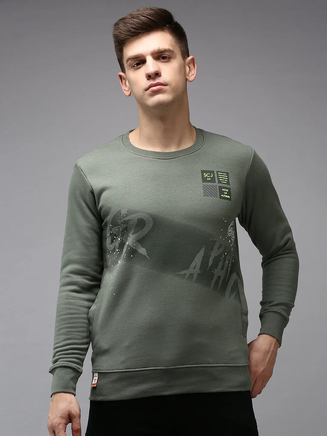 Men Green Printed Cotton Sweatshirt