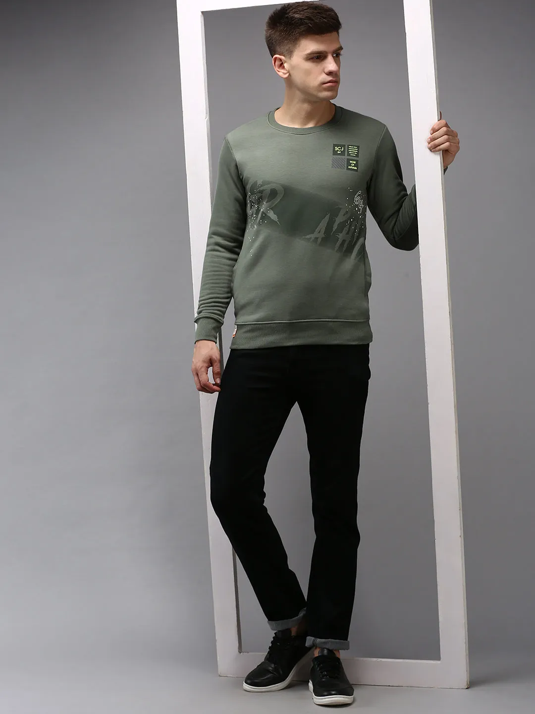 Men Green Printed Cotton Sweatshirt