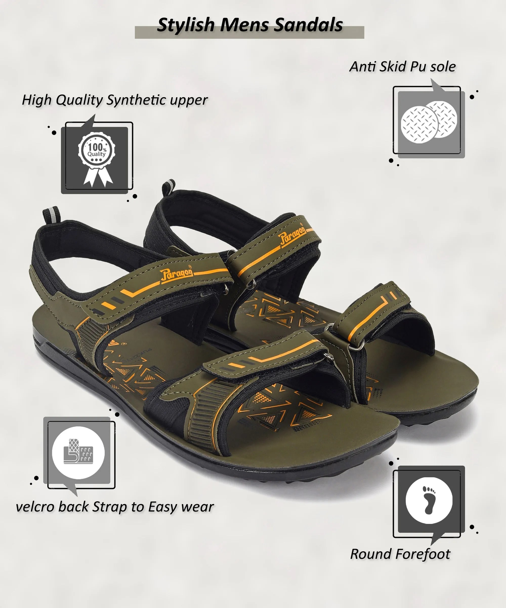 Paragon PUK2217G Men Stylish Velcro Sandals | Comfortable Sporty Sandals for Daily Outdoor Use | Casual Athletic Sandals with Cushioned Soles