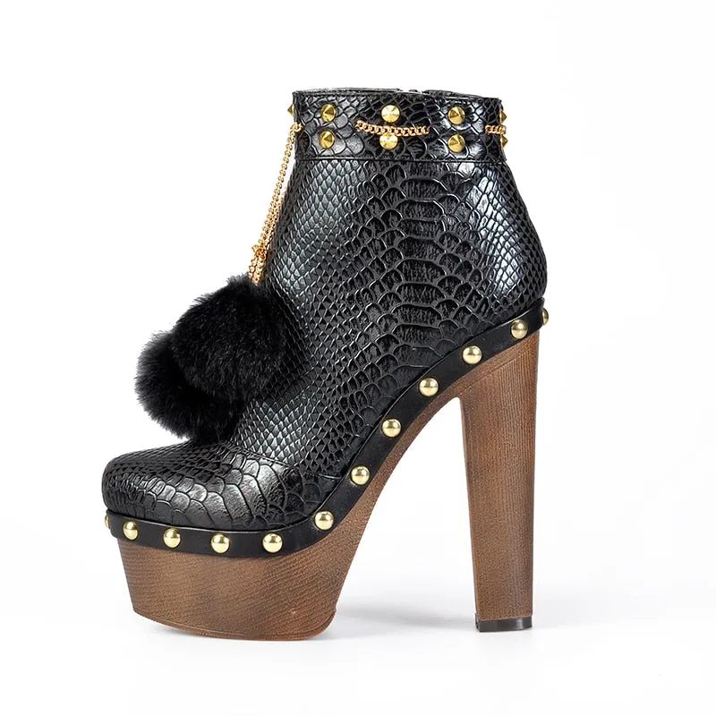 Snake Printed PU Leather with Pom Pom Fur Women Ankle Boots