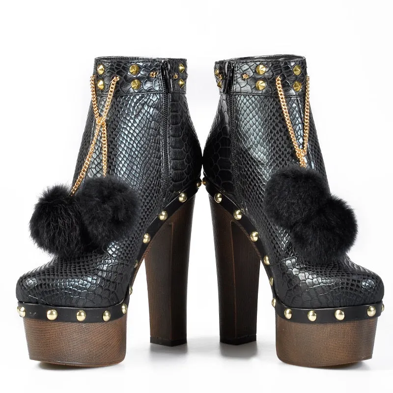 Snake Printed PU Leather with Pom Pom Fur Women Ankle Boots