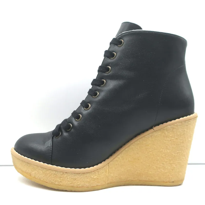 Stella McCartney Faux Shearling Lace-Up Wedge Ankle Boots Black Size 38 NEW