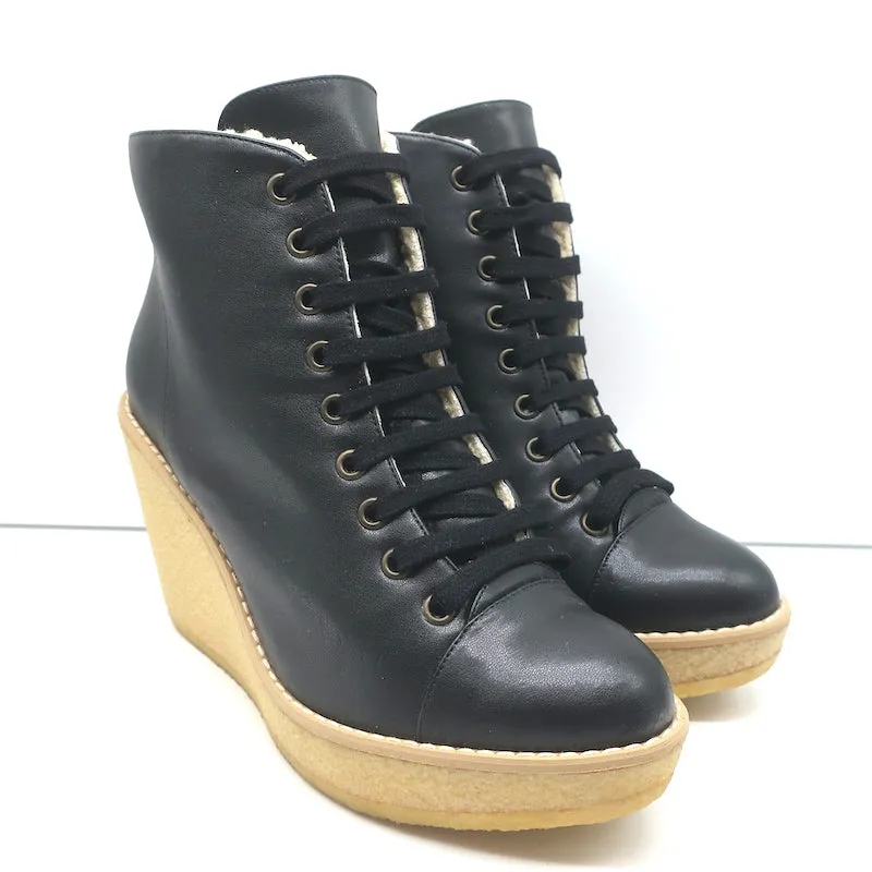 Stella McCartney Faux Shearling Lace-Up Wedge Ankle Boots Black Size 38 NEW
