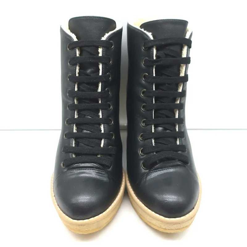 Stella McCartney Faux Shearling Lace-Up Wedge Ankle Boots Black Size 38 NEW