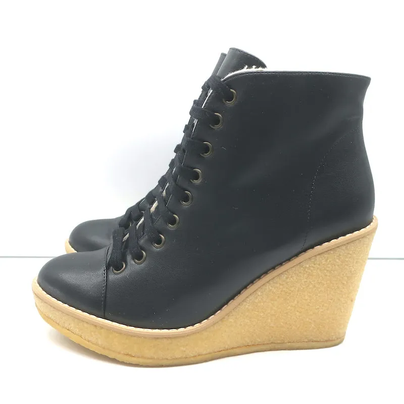 Stella McCartney Faux Shearling Lace-Up Wedge Ankle Boots Black Size 38 NEW