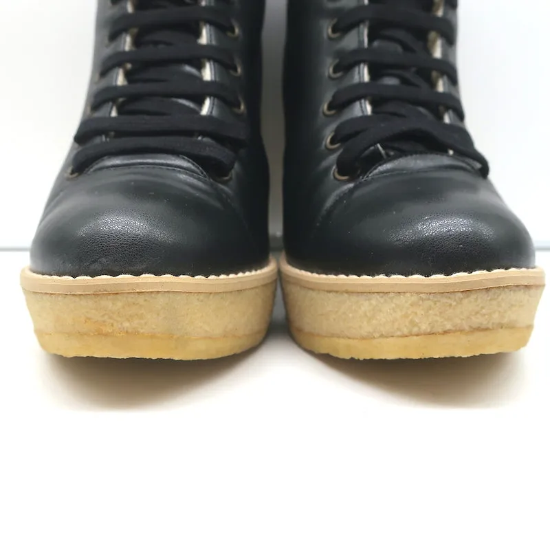 Stella McCartney Faux Shearling Lace-Up Wedge Ankle Boots Black Size 38 NEW
