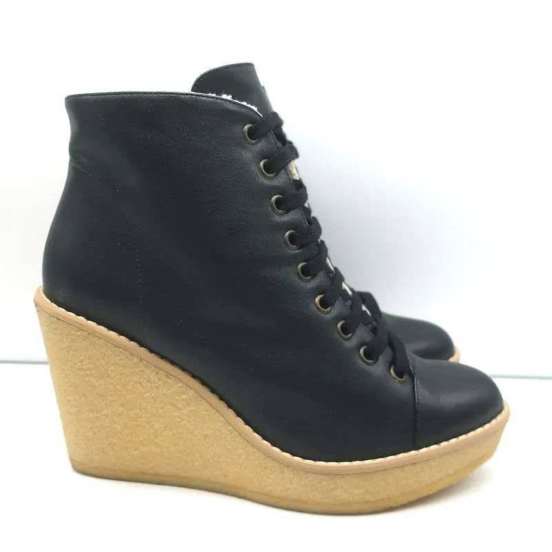 Stella McCartney Faux Shearling Lace-Up Wedge Ankle Boots Black Size 38 NEW