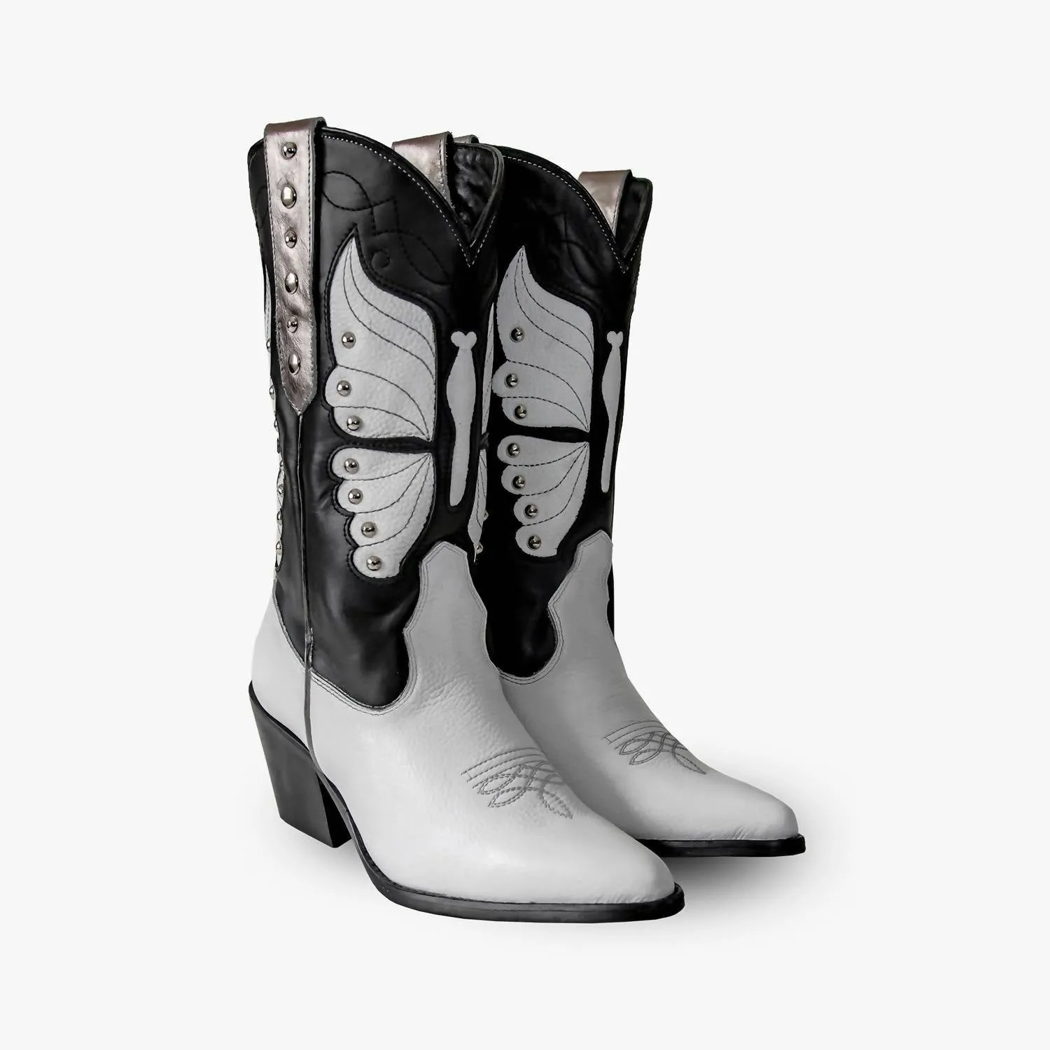 Women's Italian Western Premium Leather Monarch Boots In Black&white